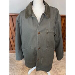 LL Bean Vintage Mens Olive Gray Canvas Chore Barn Field Plaid Lined Coat Size L